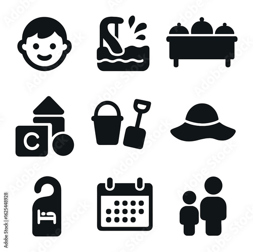 Family Resort Icons. Solid, filled icons set of family-friendly resort ads: kids icon, splash pool, buffet,