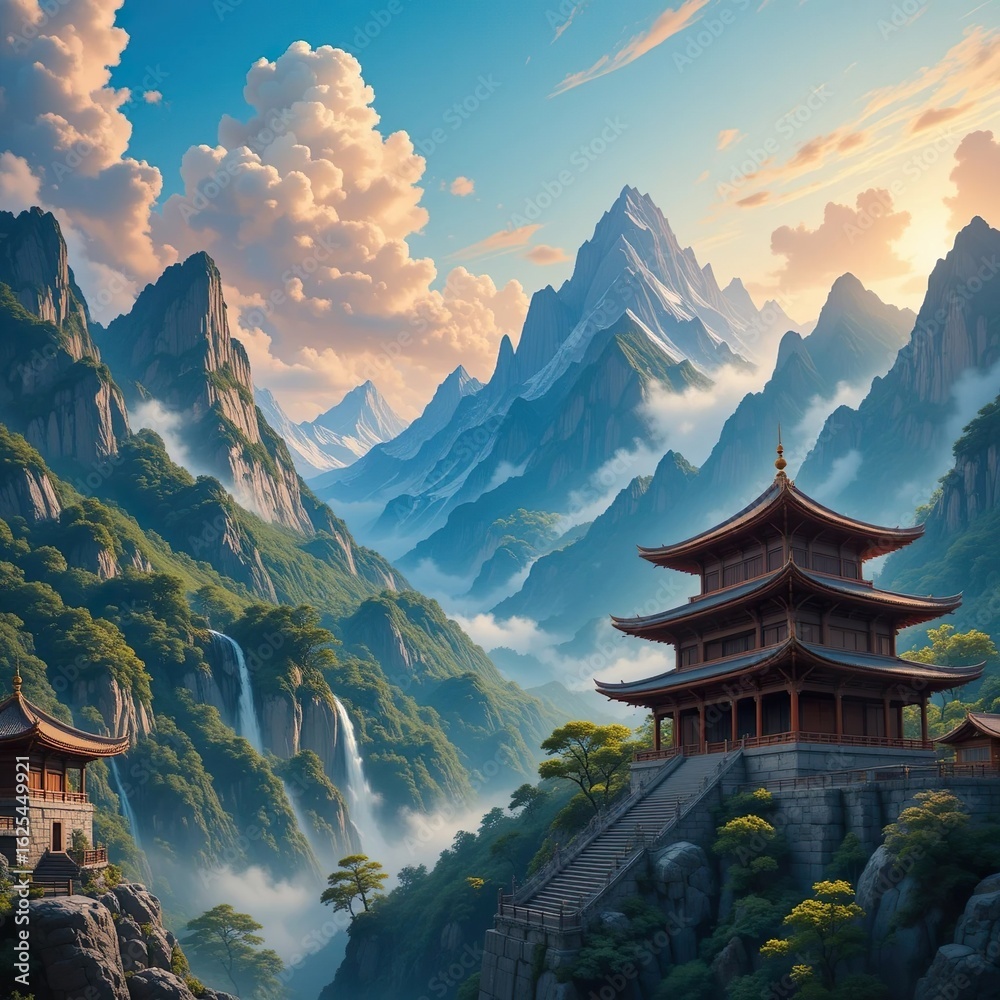 Traditional Buddhist Temple and Grand Mountain Scenery, Peaceful Place for Meditation Traditional Buddhist Temple and Grand Mountain Scenery, Peaceful Place for Meditation