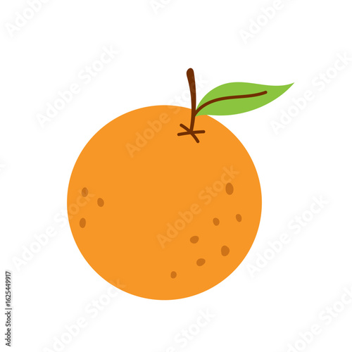 Vector whole orange fruit illustration. Bright citrus with green leaf in flat style. Fresh fruit clipart. Cute tropical orange clipart.