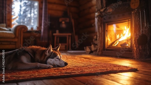 Dog resting peacefully on a rug by the fireplace in a cozy cabin  