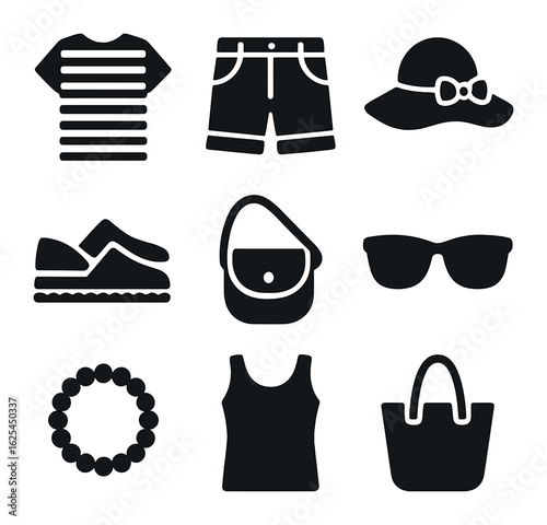 Vacation Outfit Icons. Solid, filled icons set of casual vacation outfits: striped tee, jean shorts,
