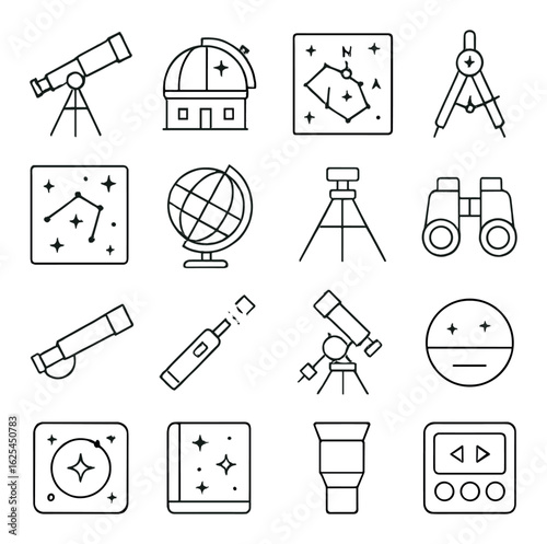 Astronomy linear icon set. containing telescope, observatory, compass, globe, binoculars, constellations, camera, tripod