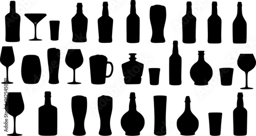 Silhouettes various alcohol cocktail glasses bar set. Black Isolated Glasses of wine, glasses of beer, bar bottles and shot glasses