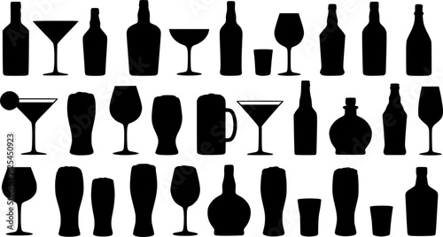 Silhouettes various alcohol cocktail glasses bar set. Black Isolated Glasses of wine, glasses of beer, bar bottles and shot glasses
