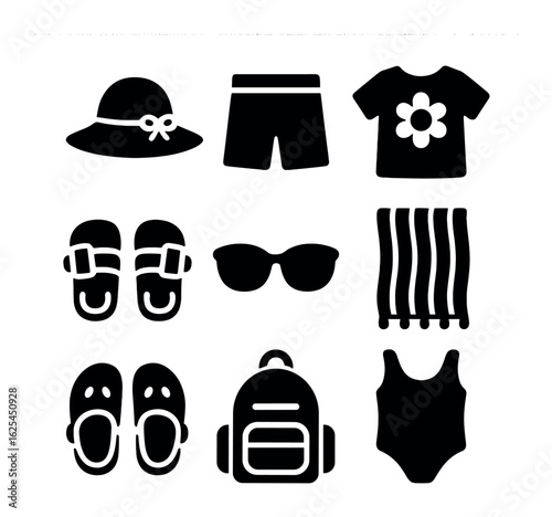 Kids Summer Clothing Icons. Solid, filled icons set of kid’s summer clothing: sunhat, shorts, cartoon T-shirt,