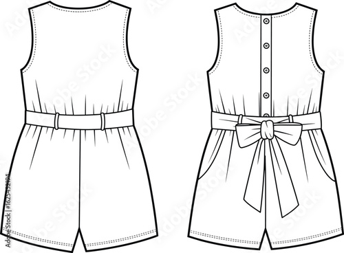 Girls' Sleeveless Romper Flat Sketch CAD Drawing with Belted Waist, Back Button Closure, and Large Bow Detail, Summer Fashion