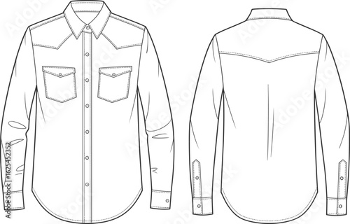Western Style Shirt CAD Drawing Flat Vector Illustration, Men's Apparel Design Template, Cowboy Fashion Mockup, Technical Sketch White Background