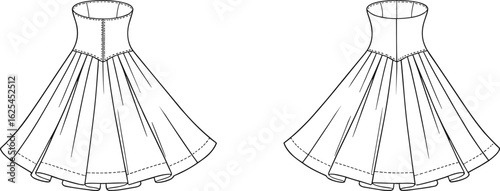 Women's Fashion Strapless Dress Technical Drawing Elegant Flared Skirt and Bodice CAD Illustration, Apparel Design Template, Cocktail Attire
