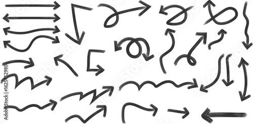 Hand drawn arrow set in grunge style collection. Bold arrows, graphic set of isolated elements from brush strokes. curved, straight, dotted, and swirled arrows design, arrow vector for creative design