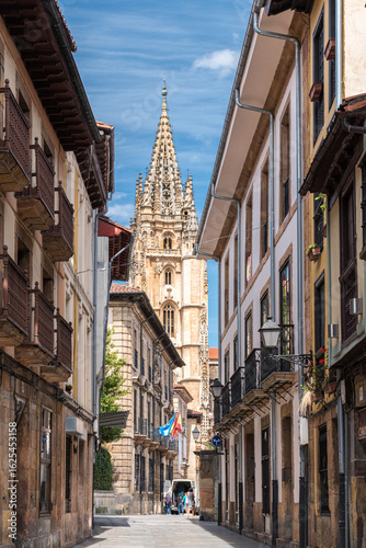 The historic center of Oviedo with the bell tower of the San Salvador cathedral, in Asturias region in northern Spain