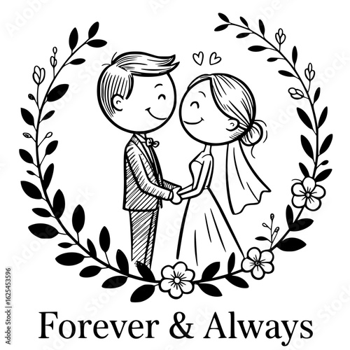 Wedding Couple's Forever Moment: A charming hand-drawn sketch captures a wedding, depicting a loving couple within a floral frame, symbolizing the bond of togetherness.