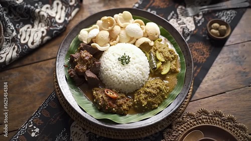 Footage Authentic Traditional Indonesian Cuisine A Vibrant Culinary Experience Featuring Diverse Dishes and Aromatic Flavors on a Banana Leaf Platter.