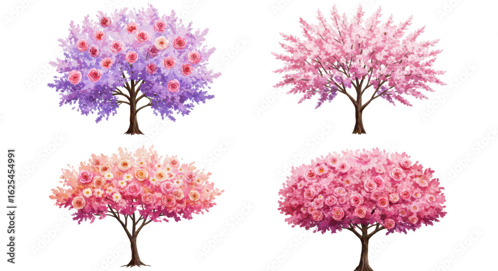 Obraz premium Photo of four watercolor trees with pink and purple flowers isolated on transparent background, ideal for artistic projects