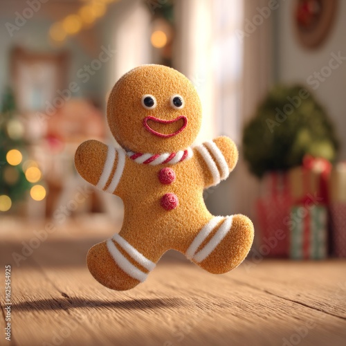 Gingerbread man Dancing in Christmas Cozy Interior on table. 3D cartoon animation of funny, hot and sweet cookie boy dancing for holiday. Christmas and Happy New Year