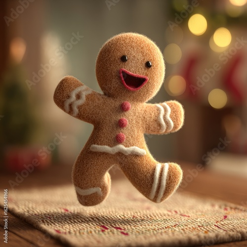 Gingerbread man Dancing in Christmas Cozy Interior on table. 3D cartoon animation of funny, hot and sweet cookie boy dancing for holiday. Christmas and Happy New Year