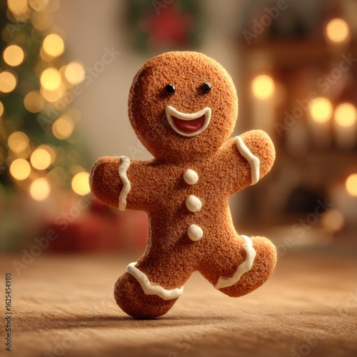 Gingerbread man Dancing in Christmas Cozy Interior on table. 3D cartoon animation of funny, hot and sweet cookie boy dancing for holiday. Christmas and Happy New Year