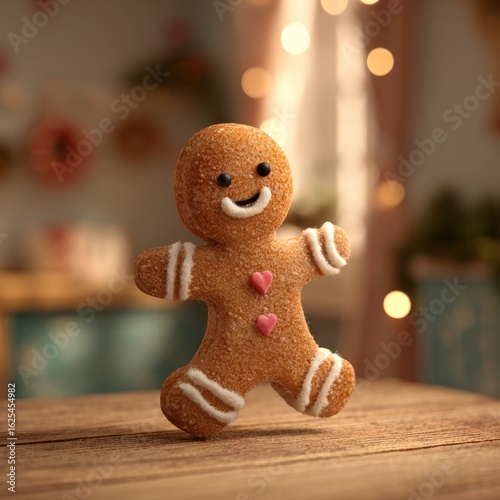 Gingerbread man Dancing in Christmas Cozy Interior on table. 3D cartoon animation of funny, hot and sweet cookie boy dancing for holiday. Christmas and Happy New Year