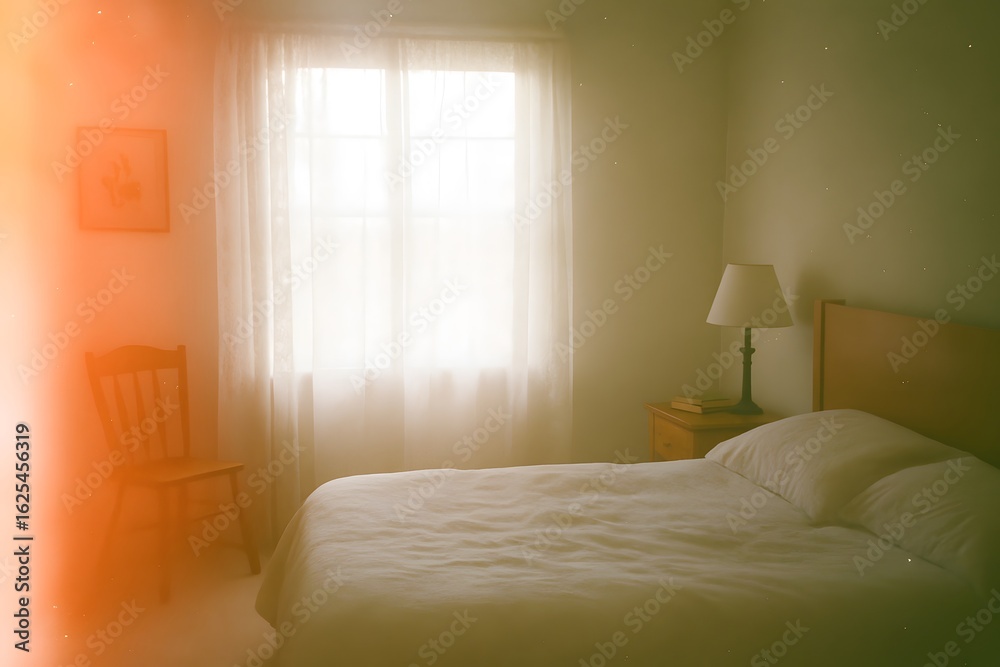Fototapeta premium Sunlit Minimal Bedroom with Light Leak and Lace Curtains - Soft Vintage Glow, Wooden Furniture, and Cozy Atmosphere in Morning Light