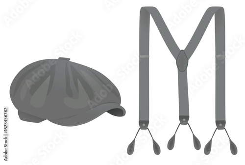 Grey beret cap and suspenders. vector illustration	