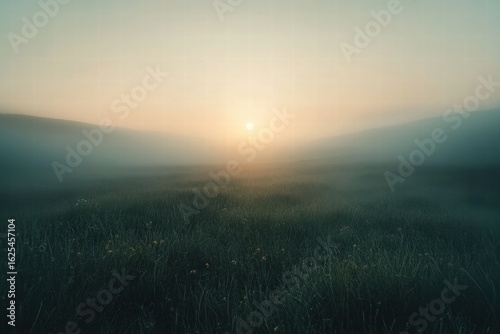 Misty Sunrise Over Grassy Field, Sun Emerging Through Foggy Landscape