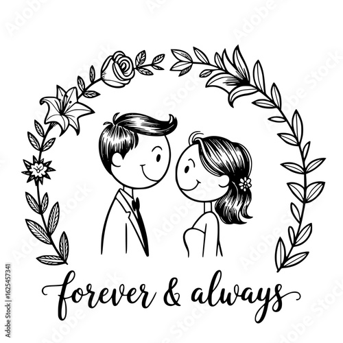 Eternal Vows: A tender moment captured in an intimate cartoon, a bride and groom, their eyes meet and adorned with a garland of flowers. The elegant script below proclaims forever.