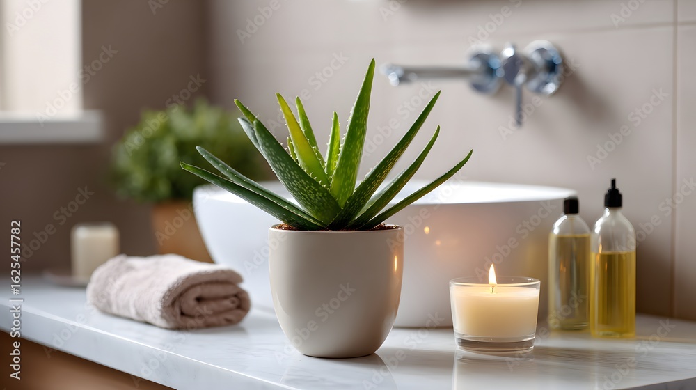 Fototapeta premium Relaxing Spa Setting with Aloe Vera Plant and Candle Light
