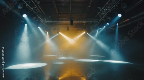 Empty stage with dramatic lighting effects and fog, creating an atmospheric backdrop for performances