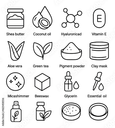Skincare linear icon set: shea butter, coconut oil, hyaluronic acid, vitamin e, aloe vera, green tea, and more