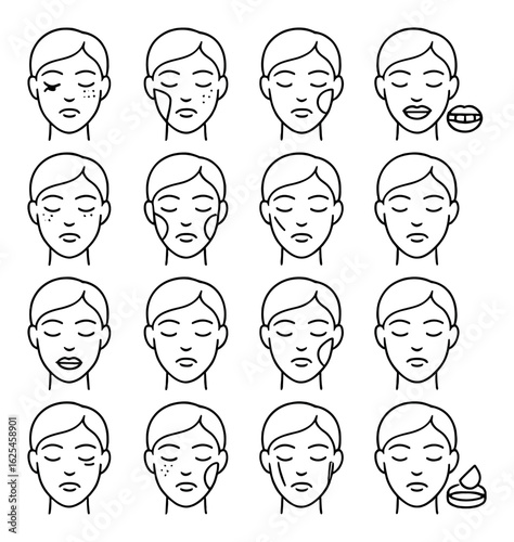 Beauty routine linear icons set: acne, moisturizer, cleanser, makeup, mask, eyes, lips, skin
