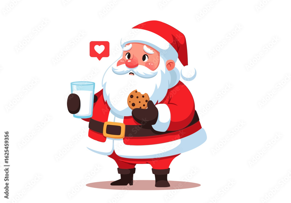 Obraz premium Flat illustration of santa claus holding a cookie and glass of milk with a social media like icon, isolated on white background