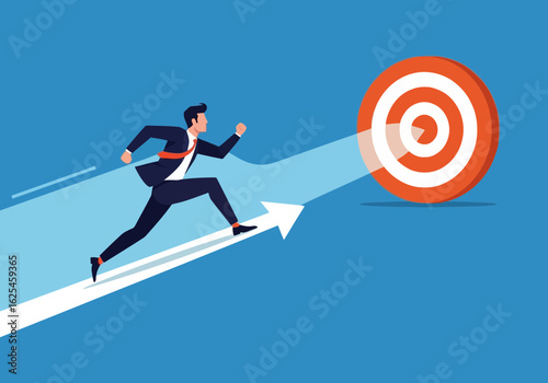 Flat illustration of businessman in a suit running up an arrow path towards a bullseye target, symbolizing success, ambition, and achieving goals in business