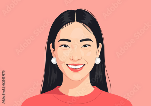Flat illustration of portrait of a happy young asian woman with long black hair and pearl earrings, smiling warmly against a pink background