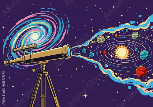Flat illustration of a vintage telescope points towards a vibrant spiral galaxy and solar system, representing the vastness of space and the pursuit of astronomical discovery