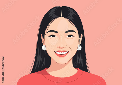 Flat illustration of portrait of a smiling young asian woman with long black hair and large pearl earrings, isolated on a pink background