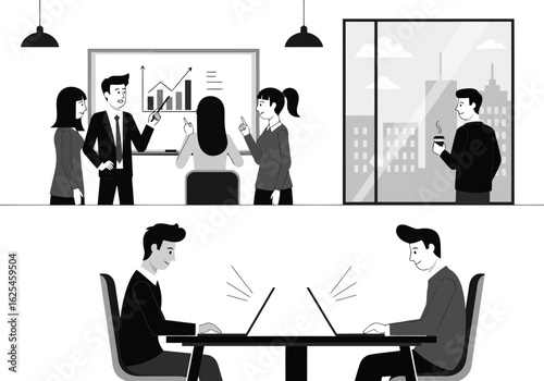 Flat illustration of business meeting in office with presentation and people working on laptops, discussing strategy and collaborating