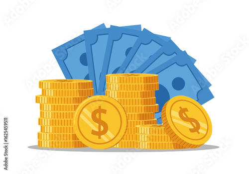Flat illustration of stacks of gold coins and blue banknotes isolated on white background, representing wealth and financial success
