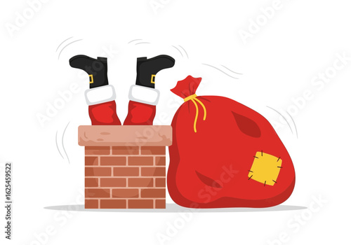 Flat illustration of santa claus stuck in a chimney with his sack of presents, a humorous and festive christmas holiday scene