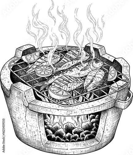 Clay grill with fish fillets and lemon slices, monochrome, with hand-drawn style