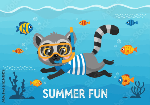 Flat illustration of cute raccoon wearing snorkeling gear swims underwater with colorful fish, enjoying summer fun and ocean adventure