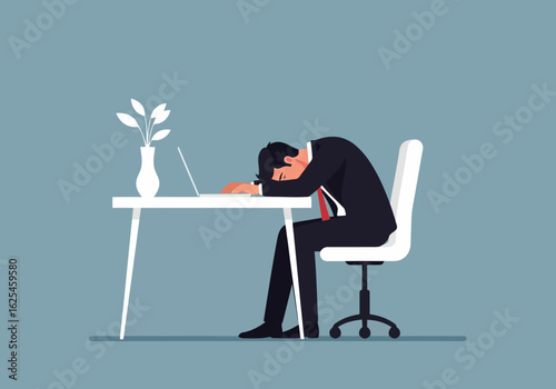 Flat illustration of exhausted businessman sleeps on his desk in front of a laptop at the office, symbolizing burnout and workrelated stress