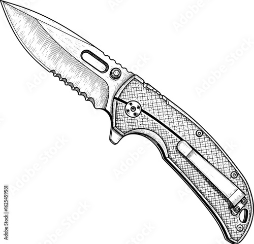Tactical folding knife with textured handle and partially serrated blade, highly detailed, with hand-drawn style