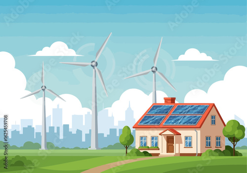 Flat illustration of ecofriendly house with solar panels and wind turbines in a green landscape, symbolizing renewable energy and sustainable living