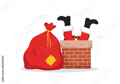Flat illustration of funny christmas scene with santa claus stuck in a chimney next to a large red gift bag, symbolizing holiday mishaps and festive humor