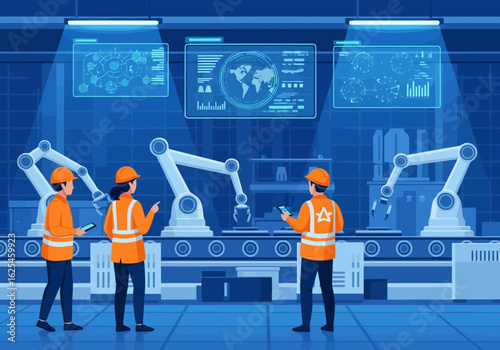 Flat illustration of engineers and workers in a modern factory overseeing robotic arms on an assembly line, utilizing advanced technology for smart manufacturing