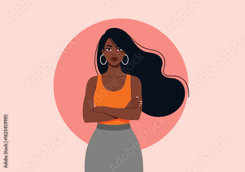 Flat illustration of confident woman with long dark hair and crossed arms, wearing an orange top and grey skirt, against a pink circular background, flat illustration style