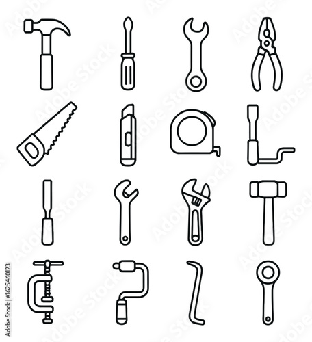 Tools linear icon set. containing hammer, screwdriver, wrench, pliers, saw, tape measure, chisel, and more.