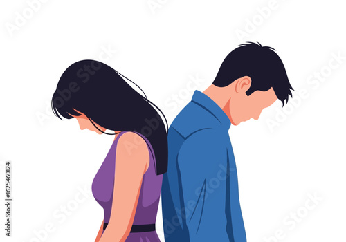 Flat illustration of couple standing back to back with heads down, symbolizing relationship problems and emotional distance