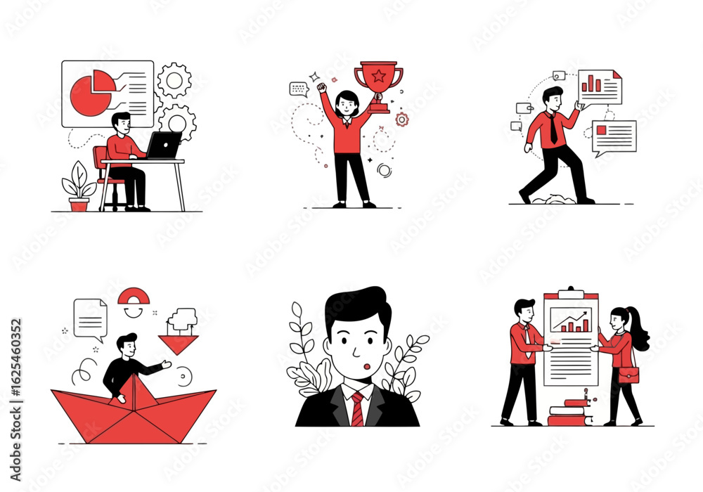 Obraz premium Flat illustration of a collection of businessrelated illustrations depicting success, teamwork, analysis, and career growth in a modern style