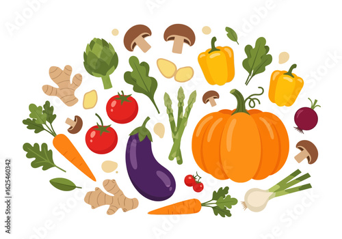 Flat illustration of assortment of fresh, healthy vegetables and ingredients arranged in a colorful and vibrant display for healthy eating