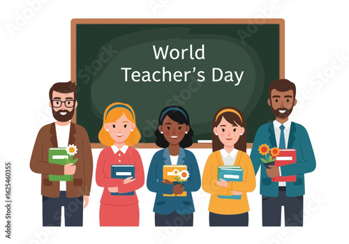 Flat illustration of diverse group of teachers holding books and flowers in front of a blackboard celebrating world teachers day